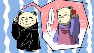 コロナ禍における隣国での二週間滞在生活の葛藤を描いたイラスト。電話で会話するシロクマが描かれている。
