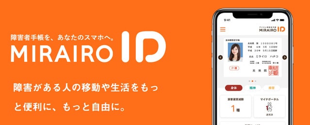 MIRAIRO IDのアプリ画面と「障害がある人の移動や生活をもっと便利に、もっと自由に」というテキスト。障害のある人におすすめのアプリの一例。