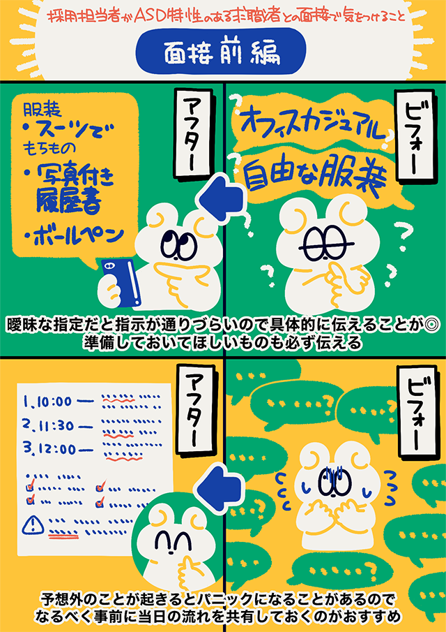 ASD特性を持つ求職者との面接前に、採用担当者が気をつけるべきポイントを説明するマンガ。曖昧な指示ではなく、具体的な服装や準備物の伝え方、当日の流れの共有の重要性が描かれている。