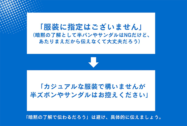 面接時の服装についての具体的な指示の重要性を説明するスライド。曖昧な指示を避け、具体的に伝えることで誤解を防ぐことを推奨している。