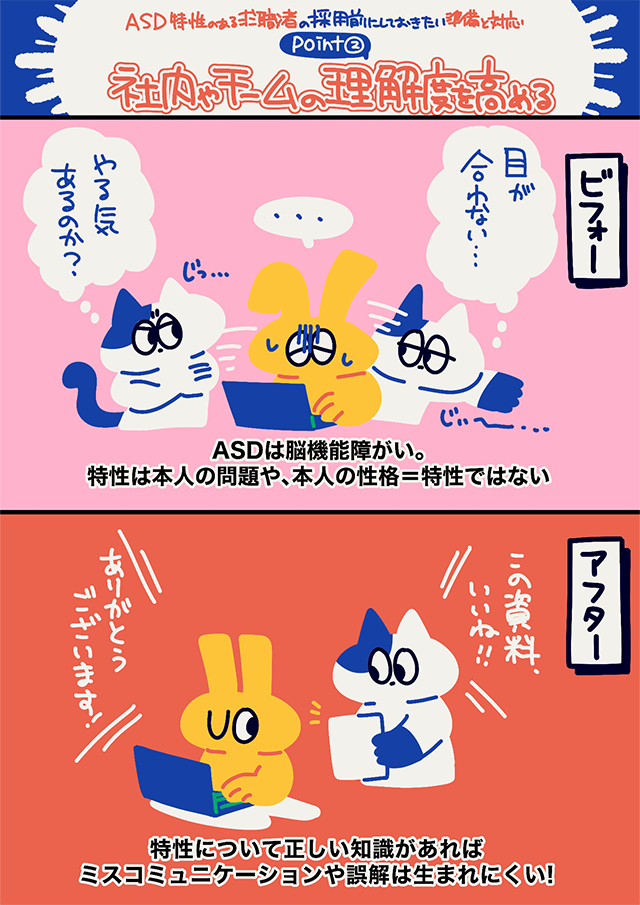 ASD特性について社内チームの理解度を高める重要性を伝えるマンガ。誤解やミスコミュニケーションを防ぐための「ビフォー・アフター」事例。