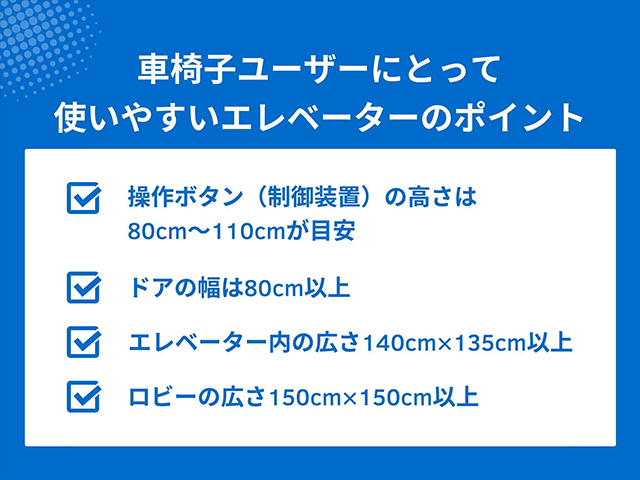 車椅子ユーザーにとって使いやすいエレベーターの仕様(ボタンの高さ、ドア幅、ロビーの広さなど)を示すチェックリスト