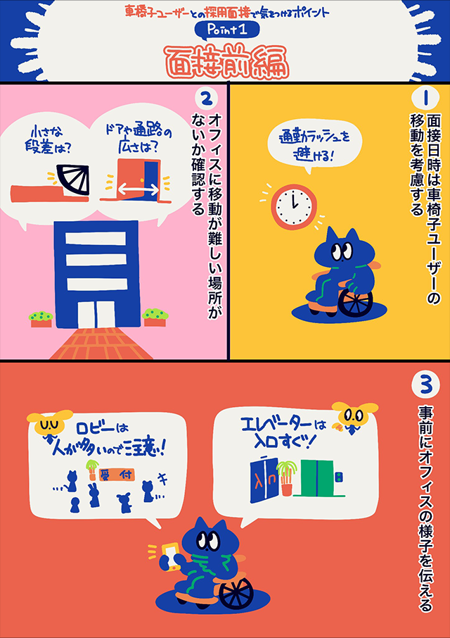 車椅子ユーザーとの面接前に確認すべきポイントをマンガで説明した図解(時間帯・バリアフリー確認など)
