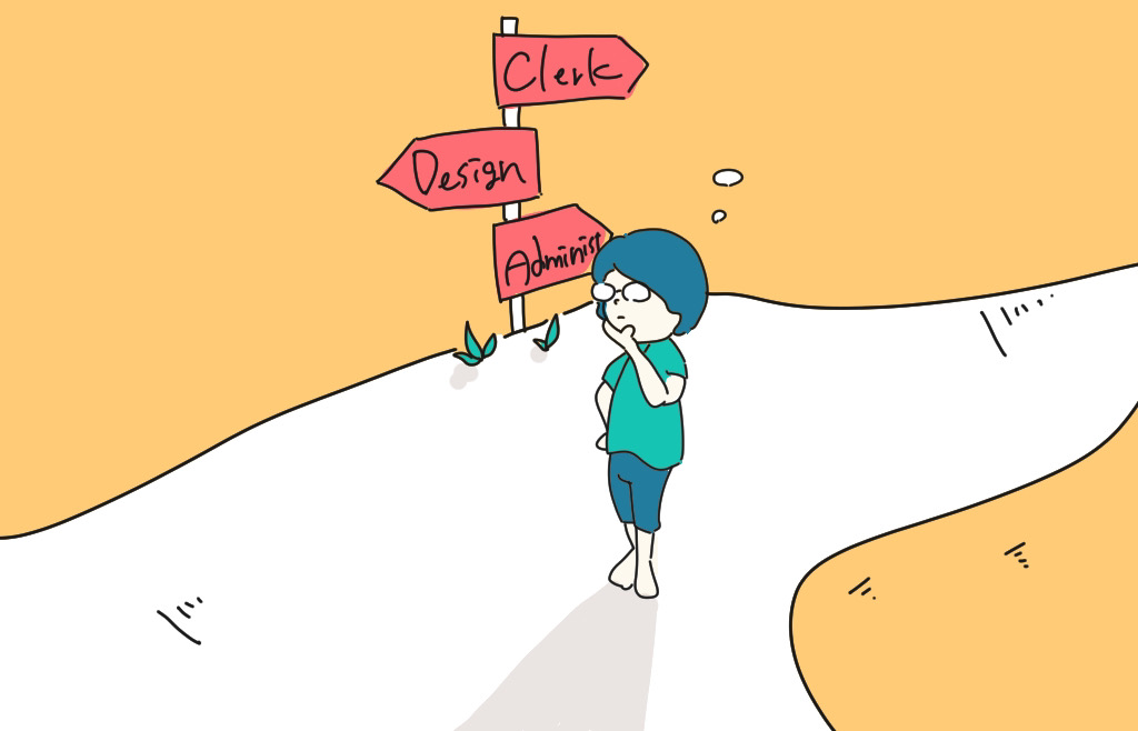 分かれ道の看板の前で悩むキャラクター。キャリア選択や進路の決断をイメージ。