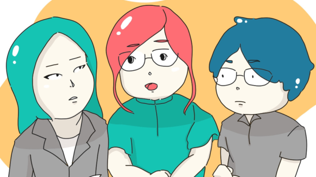 イラストのキャラクター3人が仕事や会議のテーマについて話し合っている様子。意見交換やチームコミュニケーションをイメージ。