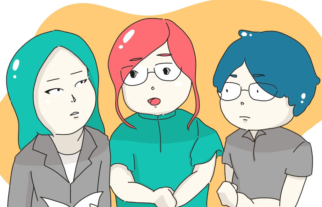 イラストのキャラクター3人が仕事や会議のテーマについて話し合っている様子。意見交換やチームコミュニケーションをイメージ。