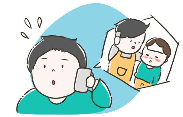 電話をかけながら家族の体調を心配する男性のイラスト。育児や家庭でのトラブル対応を示す場面。