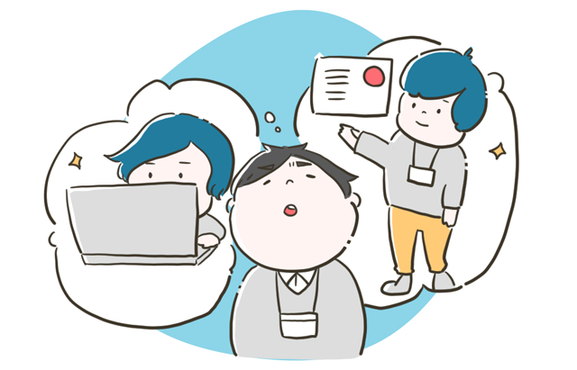 仕事やプレゼンテーション、パソコン作業を思い浮かべる男性のイラスト。キャリアや業務内容を考える様子を表現。