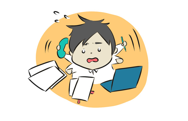 電話応対や資料作成に追われて慌てるビジネスマンのイラスト