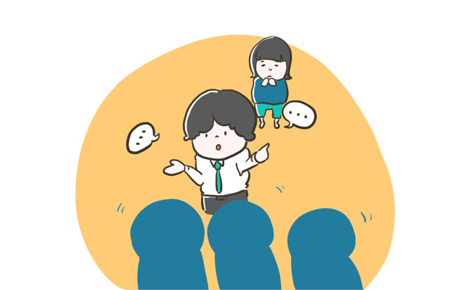 聴衆の前で話す男性と、その後ろでサポートする女性のイラスト(手話通訳などの配慮を示唆)
