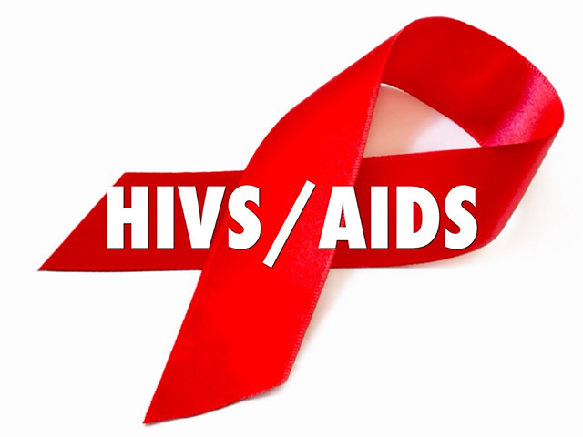 HIV/AIDS啓発を象徴する赤いリボンと「HIVS/AIDS」の文字が入った画像