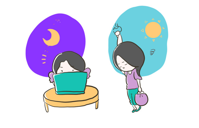 夜に自宅でパソコン作業をする女性と朝に通勤する女性の働き方の違いを表したイラスト