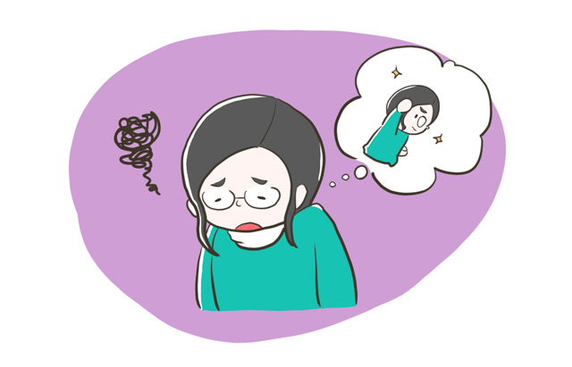落ち込んだ女性が理想の明るい自分を思い浮かべているイラスト。悩みと自己肯定感の対比を表現。