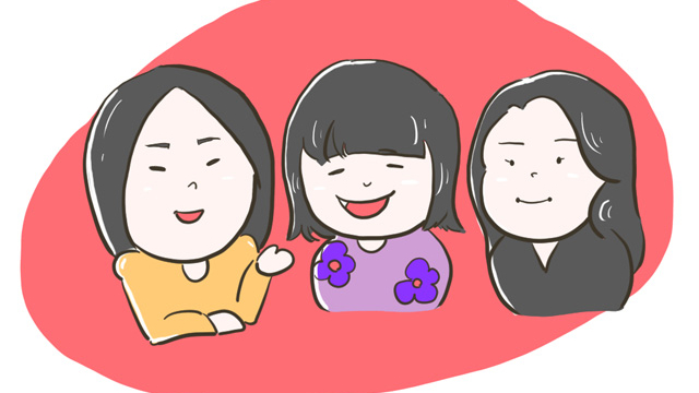 笑顔で並ぶ3人の女性チームメンバーのイラスト