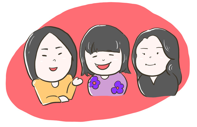笑顔で並ぶ3人の女性チームメンバーのイラスト
