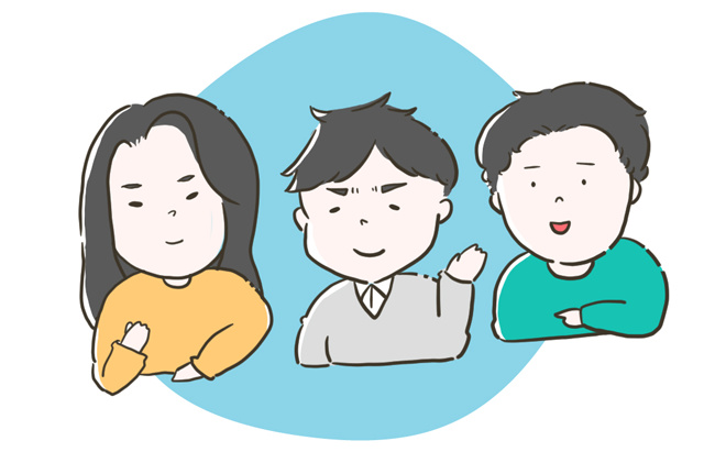 3人の男女が並んで微笑むイラスト。チームワークや仲間、コミュニケーションを表すイメージ。