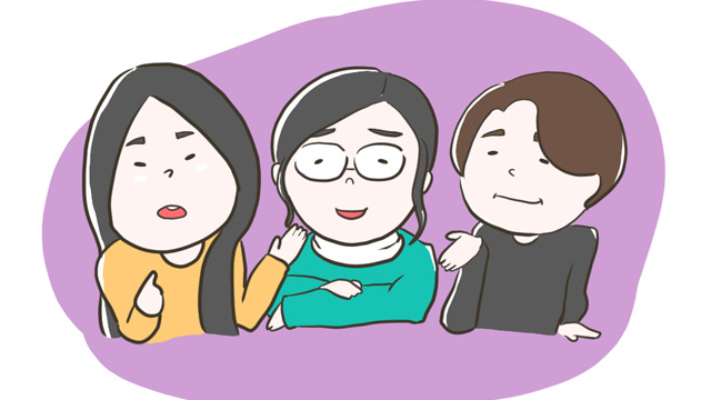 3人の人物が会話している様子のイラスト。親しげに話す表情が描かれている。