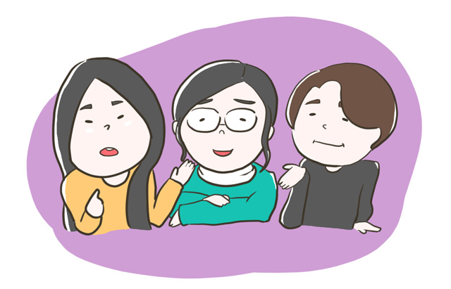 3人の人物が会話している様子のイラスト。親しげに話す表情が描かれている。