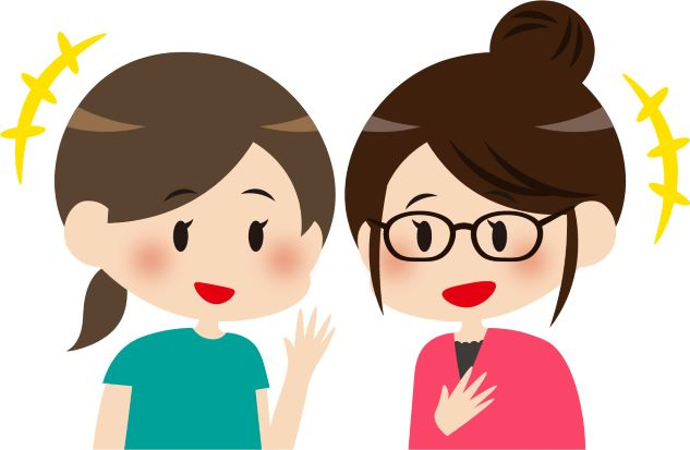 笑顔で楽しく会話をする2人の女性のイラスト。コミュニケーションや友情をテーマにしたイメージ。