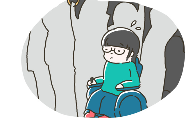 車椅子に乗った人物が段差の前で困っているイラスト、バリアフリーの必要性を訴えるシーン