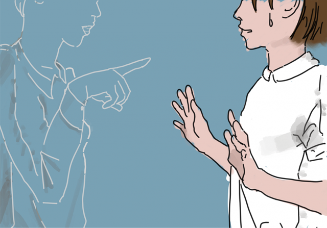 指をさされ、会話中に困惑して不安そうな女性のイラスト。対人コミュニケーションのストレスを表現。