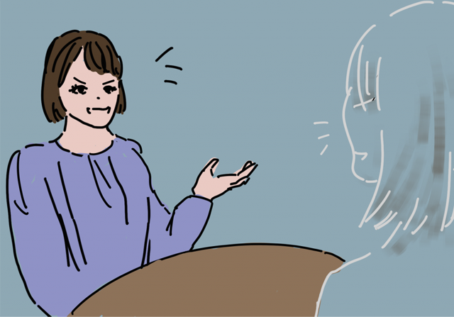 勉強後に自信を持って会話をする女性のイラスト。コミュニケーション能力の向上を示す。
