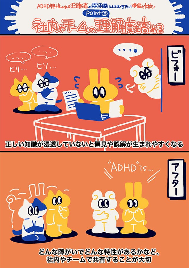 社内のチームでADHDへの理解を深め、偏見や誤解をなくすための取り組みを紹介するイラスト