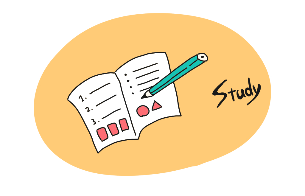 ADHD当事者がデザインの仕事で学び考える過程を表した、ノートとペン、図形が描かれたイラスト