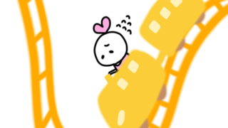 双極性障害の気分の波をジェットコースターで表現したイラスト。落ち込んだ表情のキャラクターが激しいアップダウンの軌道に乗っている様子。