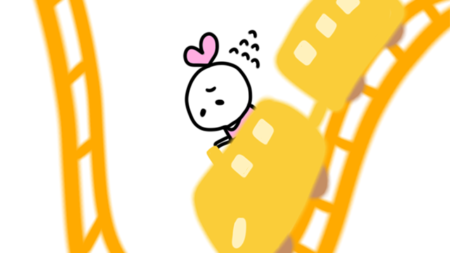 双極性障害の気分の波をジェットコースターで表現したイラスト。落ち込んだ表情のキャラクターが激しいアップダウンの軌道に乗っている様子。