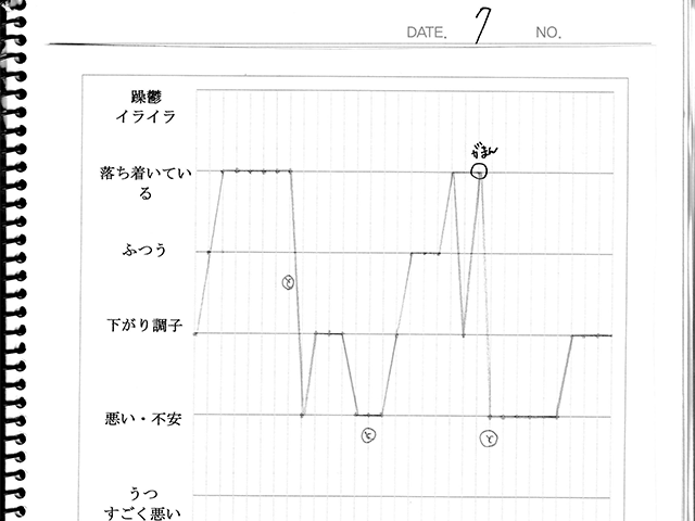双極性障害の気分変動を記録したグラフの例。躁からうつまでの感情レベルを縦軸に、日付ごとの気分の上下を折れ線で可視化した気分記録表。
