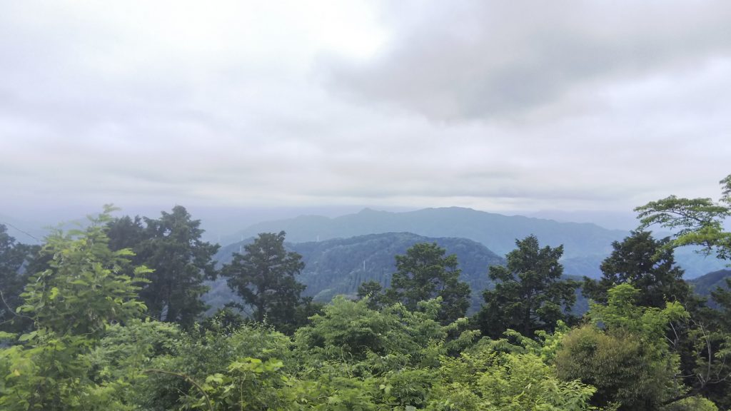 一日で22km歩いた山登りの途中、山の上から見渡した新緑の森と連なる山々の景色