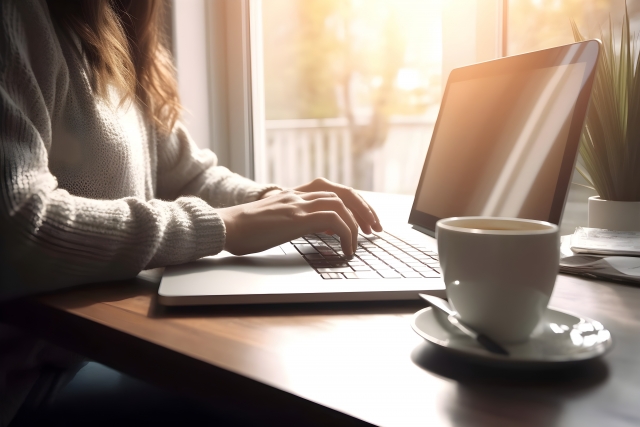 ノートパソコンで作業をする人物の手元。視覚障害者が自分に合った職業を選び、在宅やIT分野で働く様子をイメージした写真
