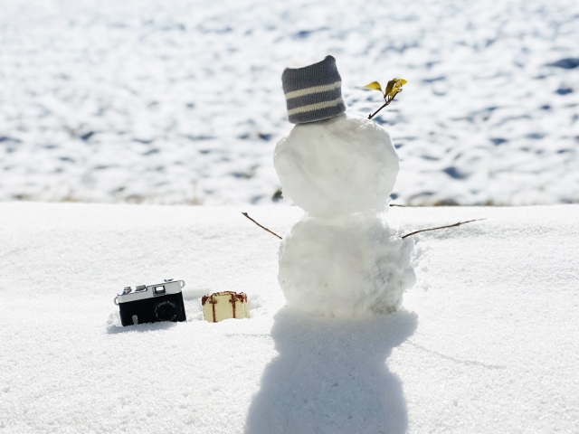 雪原に立つ雪だるまとカメラの写真。休職中の気づきや新しいスタート、心の回復を象徴する冬の風景